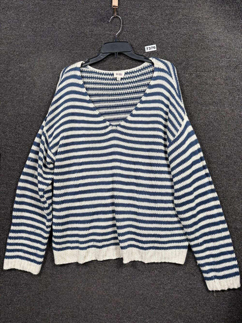 Bibi Ribbed Hem Knit Sweater Womens Size XL Blue White Striped Long Sleeve